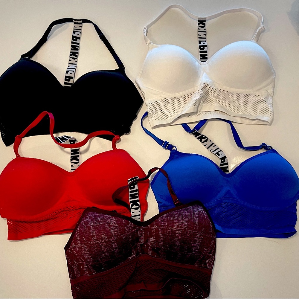 5 VICTORIA’S SECRET PINK lightly padded, molded cup Racer Back Bras, all size S
